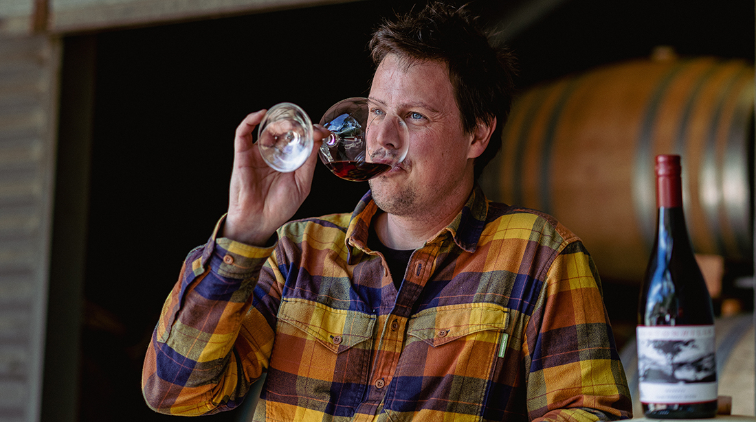 Ashton Hills winemaker Liam van Pelt drinking Pinot Noir